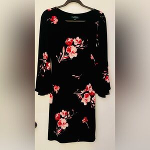 Ralph Lauren Women's Black/Pink Floral Sheath Dress Size 2 with flowing sleeves